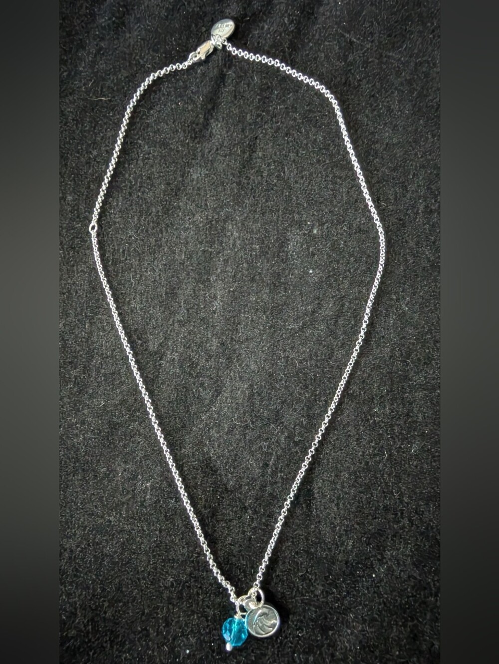Silver Chain Necklace w/ Ocean Wave and Blue Glass Crystal Accent Charms
